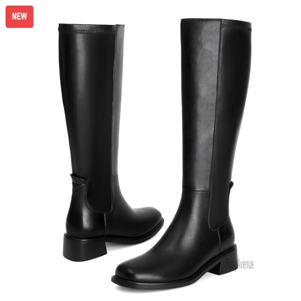 Knee High Faux Leather Boots Low Heel Square Toe Side Zipper Stretch Tall Boots - Picture 4 of 6